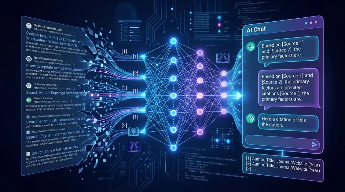AI neural network transforming search results into AI citations — GEO and AEO optimization for enterprise brands