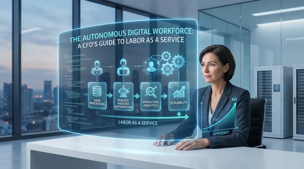 A CFO reviews a holographic Labor as a Service workflow — data processing to robotic process automation to predictive analytics to scalability — driving ROI and efficiency for an autonomous digital workforce