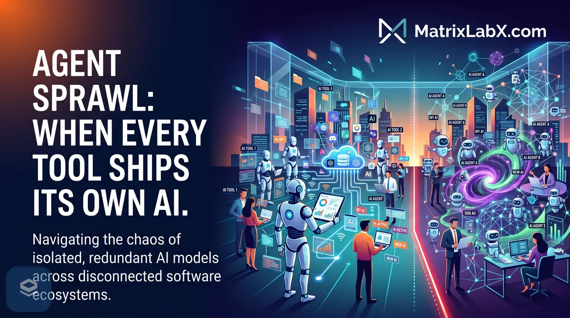 Illustration of a revenue organization surrounded by dozens of separately labelled AI agents and AI tools, each attached to its own screen and network, with no single connection between them.