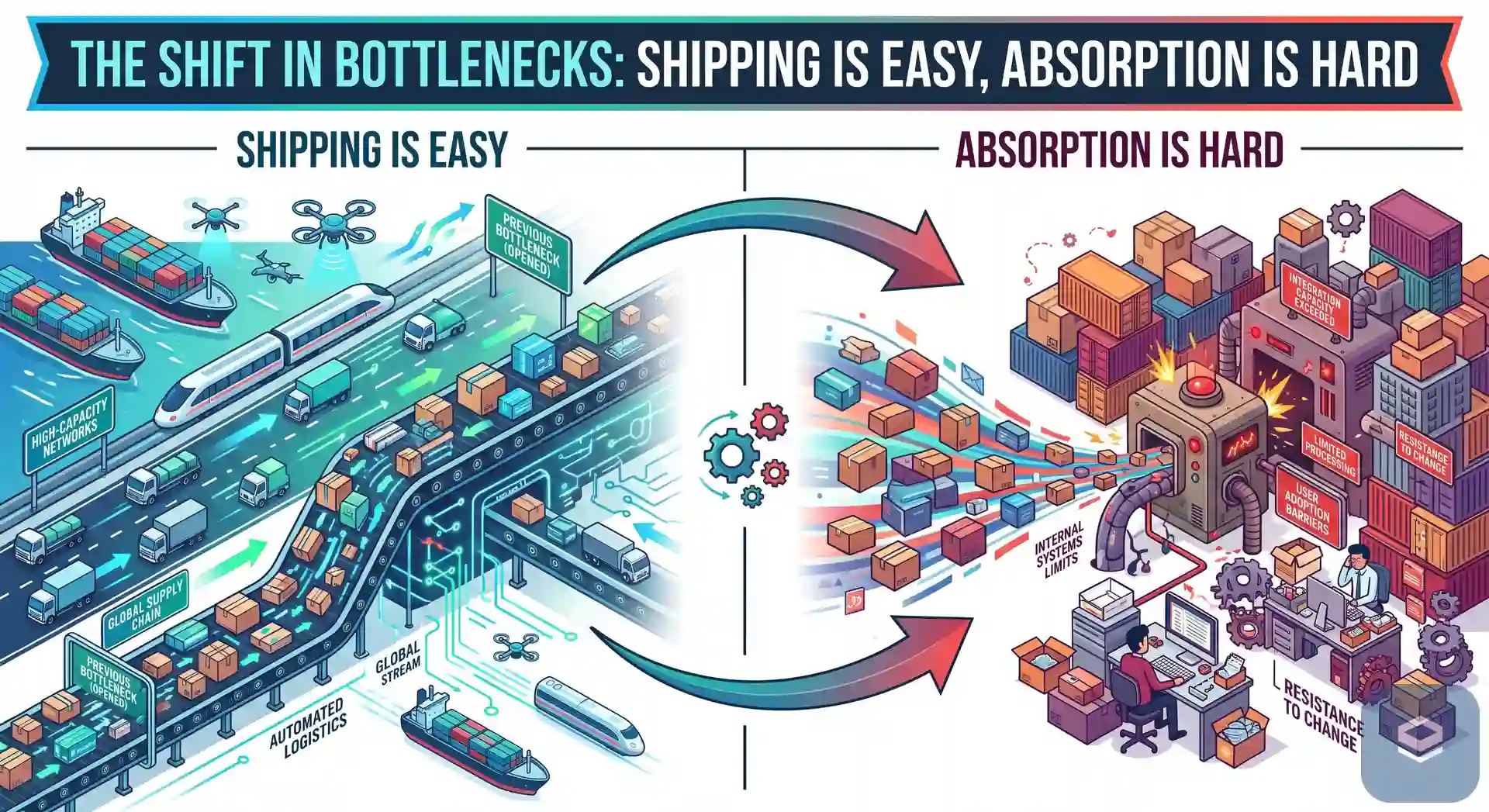 The shift in bottlenecks illustrated as a logistics diagram: goods moving freely on the shipping side, then piling up against integration capacity limits, user adoption barriers and resistance to change on the absorption side.