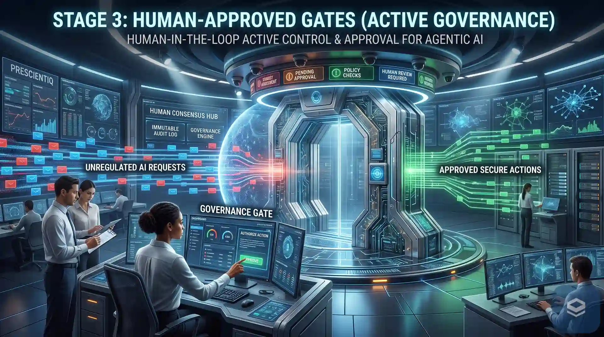 A governance operations centre where unregulated AI requests on the left pass through a human-approved gate and emerge as approved secure actions on the right, with an immutable audit log and reviewers authorizing each action.