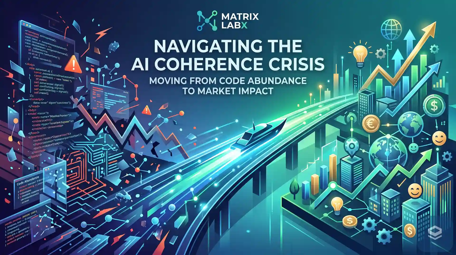 Navigating the AI coherence crisis: fragmented code and error states on the left resolving into a single road toward market impact, revenue, and customer outcomes on the right.