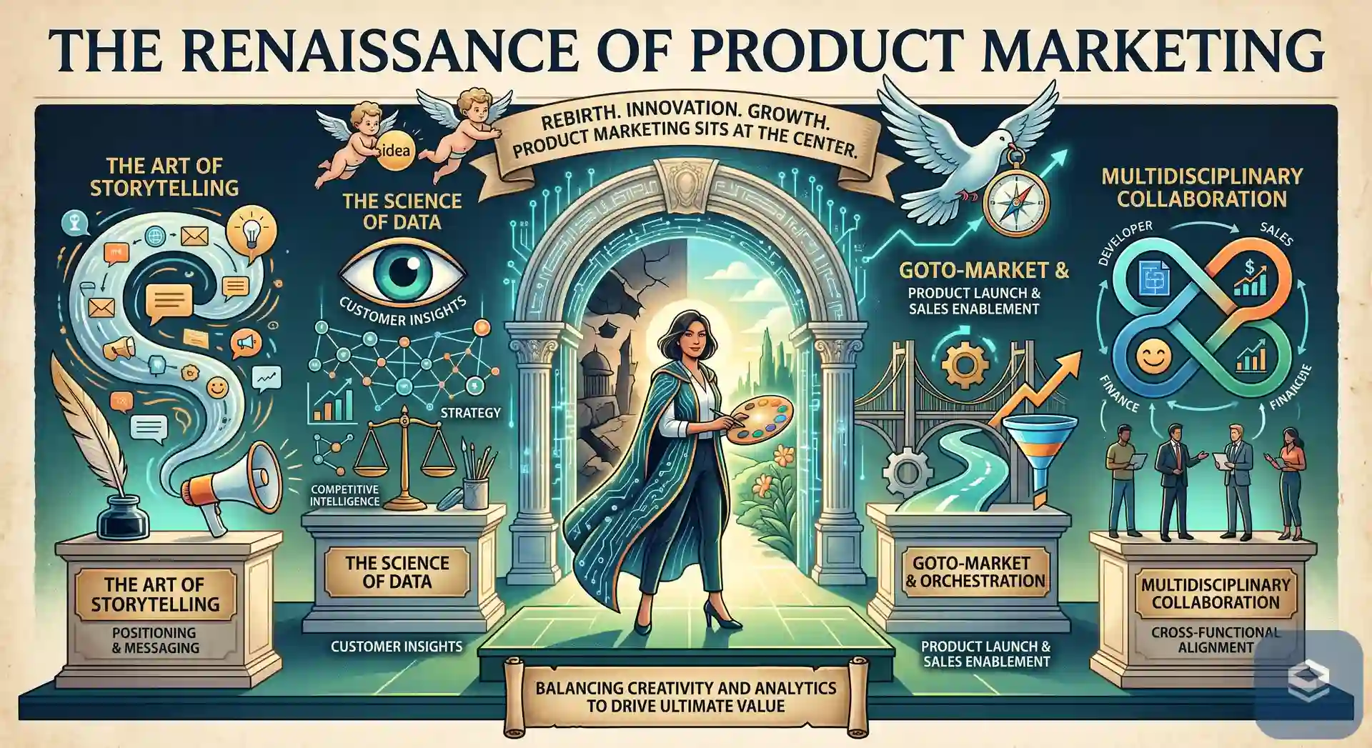 The renaissance of product marketing depicted as a classical gallery: the art of storytelling, the science of data, go-to-market orchestration and multidisciplinary collaboration arranged around a central figure balancing creativity and analytics.