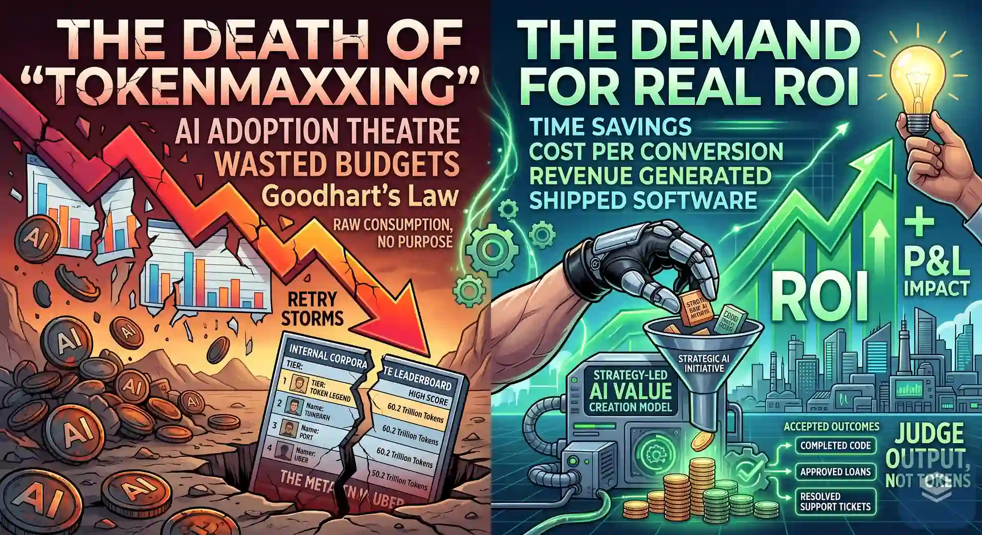 A split illustration contrasting the death of tokenmaxxing — falling charts, wasted budgets and a token leaderboard — against the demand for real ROI: time savings, cost per conversion, revenue generated and shipped software.