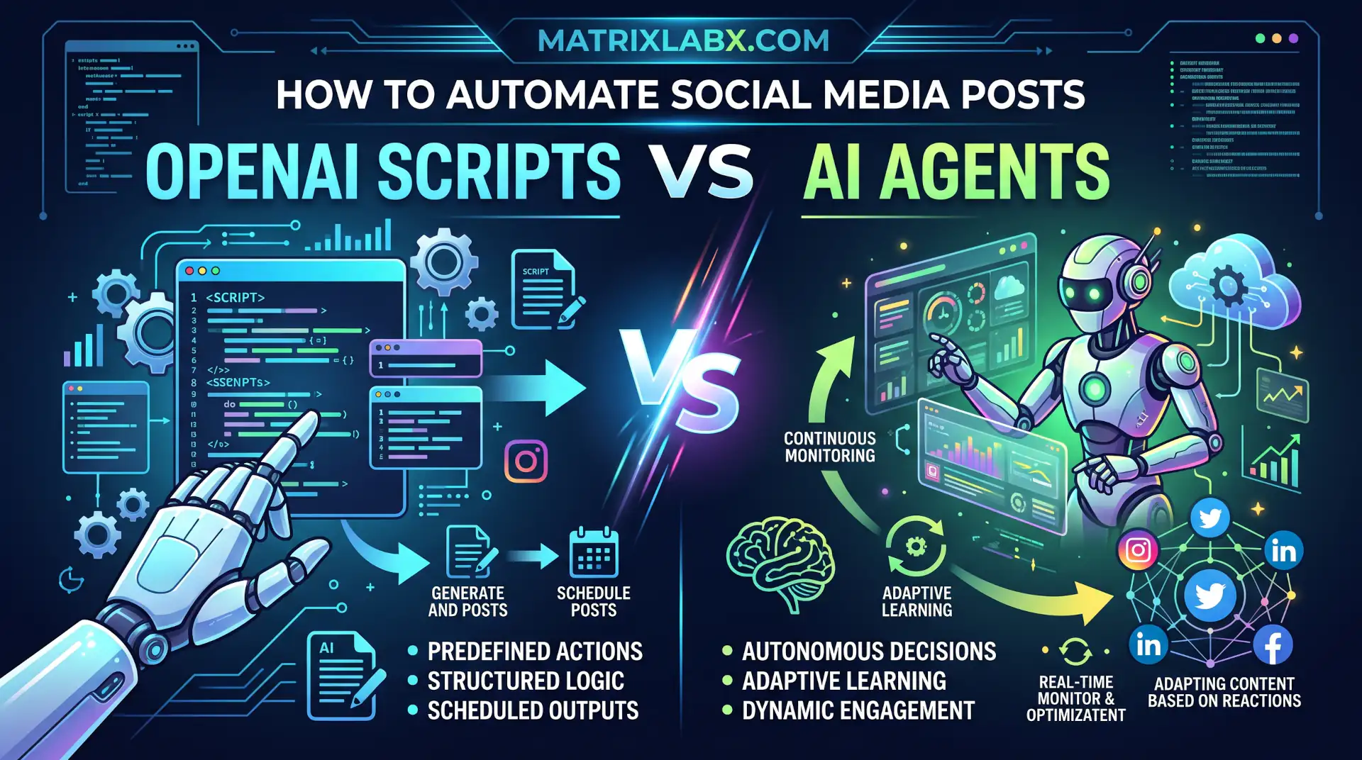 Abstract visualization of social media automation workflows contrasting OpenAI API scripts versus autonomous AI agents
