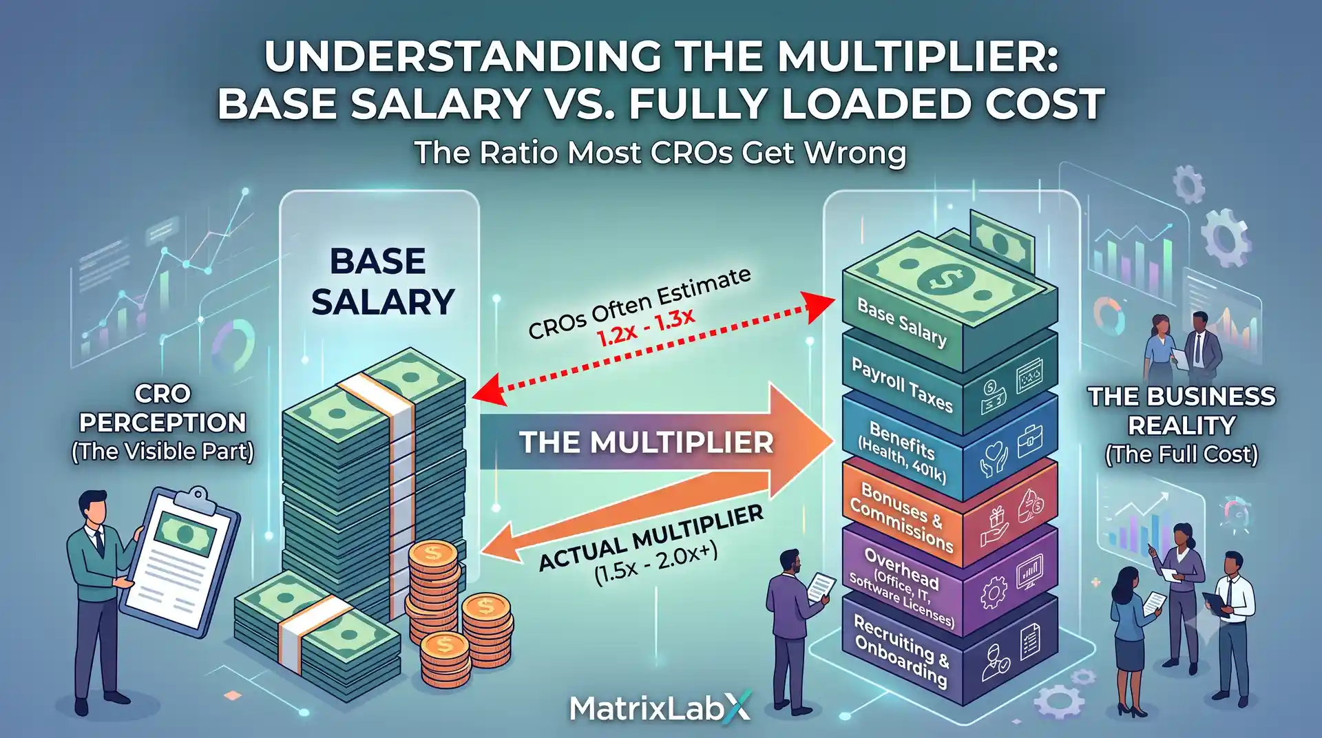 Base salary vs. fully loaded cost — decomposition of the 2× multiplier across benefits, payroll tax, equity, and PTO drag.
