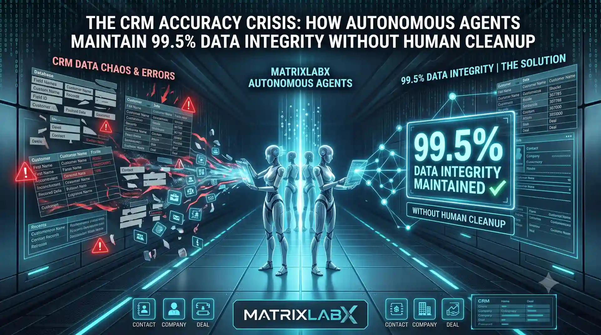 Autonomous CRM data quality agents maintaining record integrity across contacts, companies, and deals
