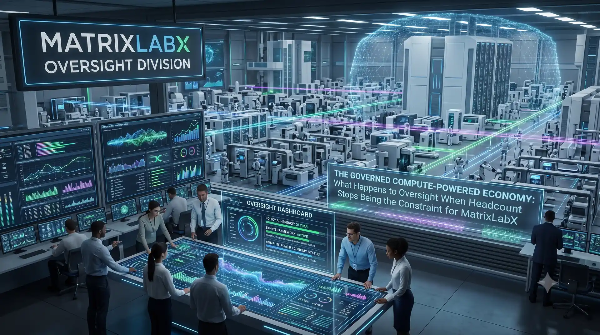 MatrixLabX oversight control room where human reviewers monitor dashboards governing a compute-scale automated operations floor, illustrating human approval over agent execution.