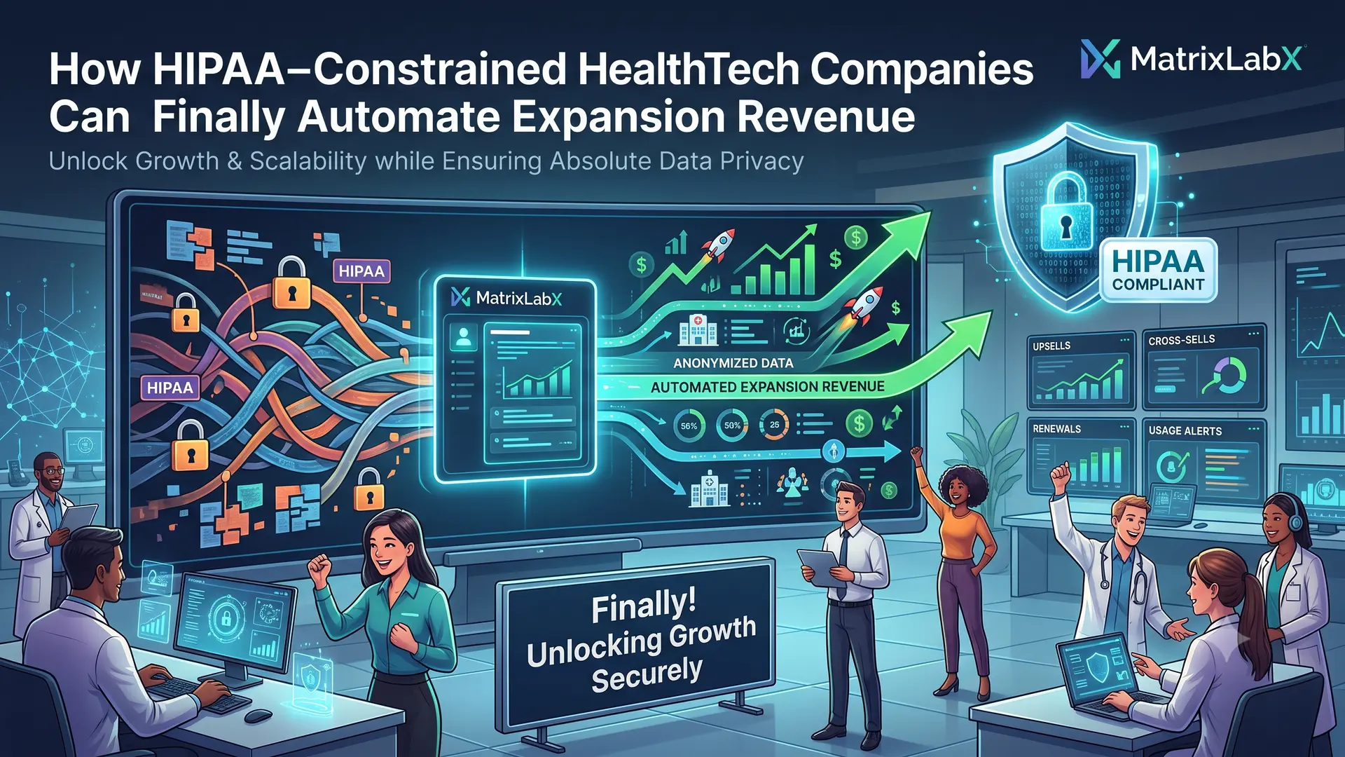Illustration of a HIPAA-locked data stream flowing safely into an automated expansion-revenue dashboard, with clinicians and revenue staff celebrating around secured usage, upsell, and renewal signals
