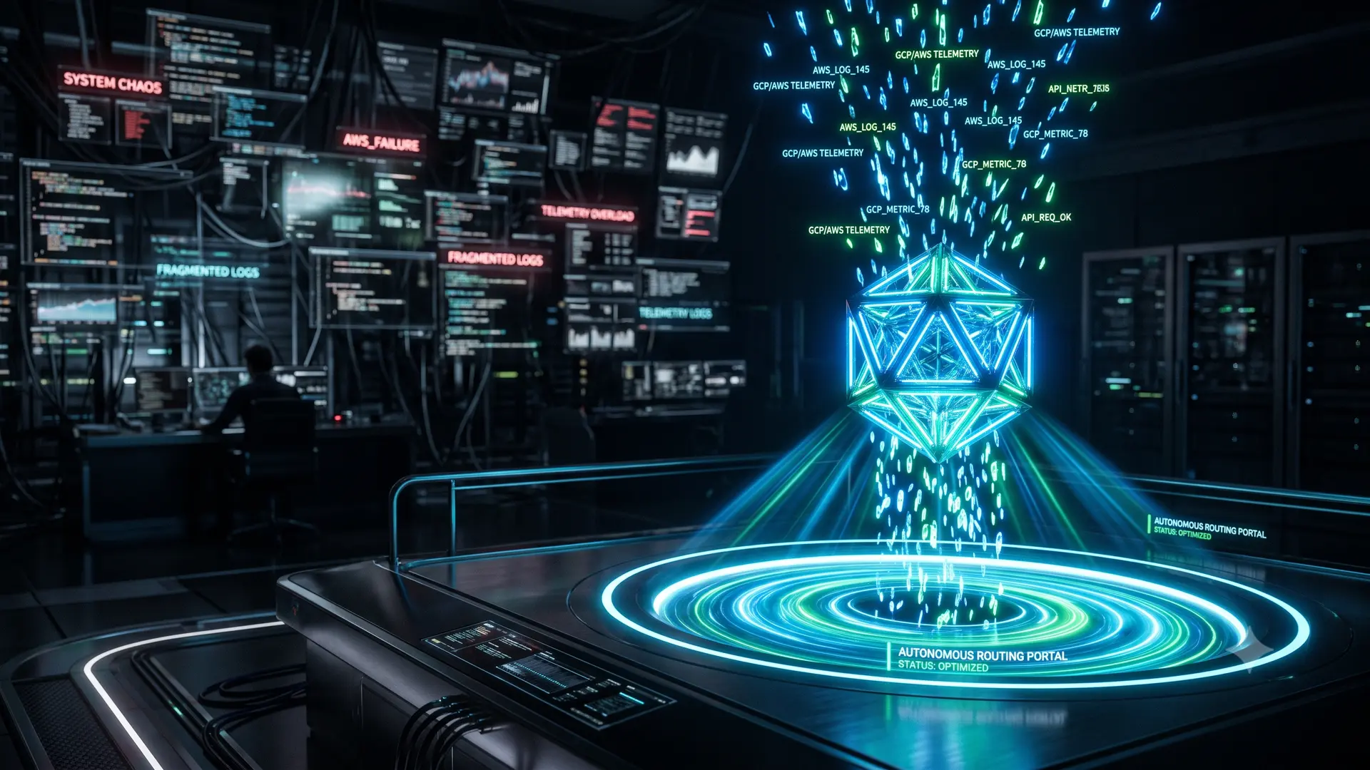 A stream of GCP and AWS telemetry data flowing into a glowing icosahedron labeled Autonomous Routing Portal, consolidating fragmented logs and system alerts that once overwhelmed a security operations desk