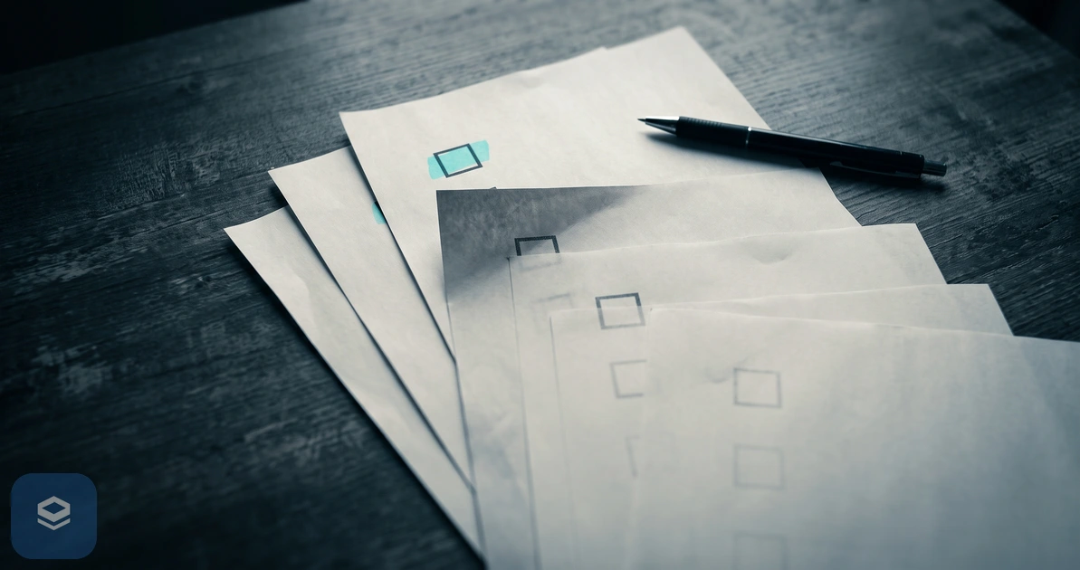 Overhead photograph of five fanned sheets of paper on a dark wooden desk beside a pen, the topmost carrying a filled cyan checkbox and each sheet beneath it fainter and unchecked.