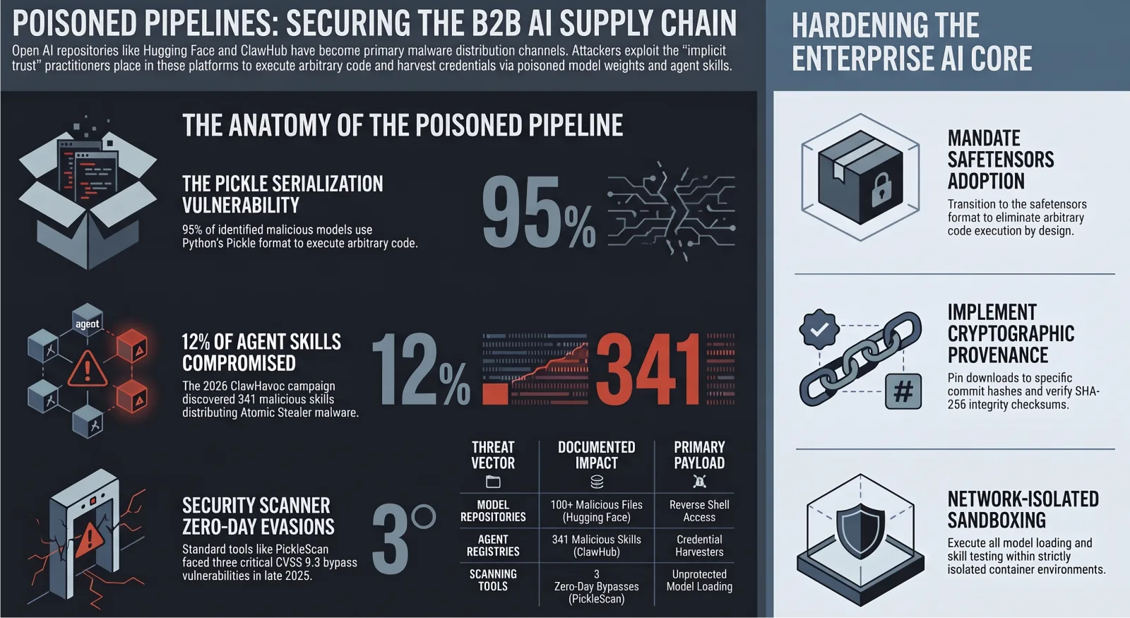 Infographic: the anatomy of the poisoned pipeline. Three attack routes are shown: the pickle model format, malicious agent skills with the figures 12% and 341, and three bypasses of a model scanner. A side panel lists three defenses: a non-executable model format, pinned and hash-verified downloads, and network-isolated sandboxing.