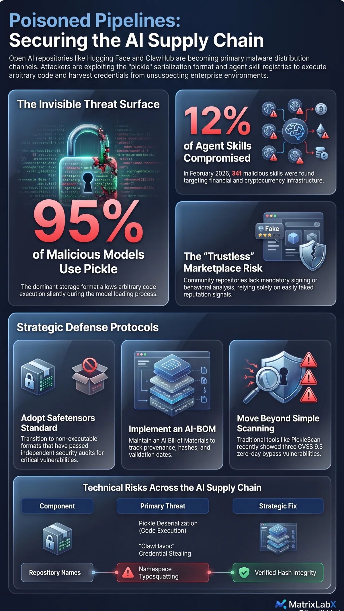 Infographic: securing the AI supply chain. The upper half shows the threat: the pickle model format, malicious agent skills, and marketplaces that rely on reputation signals. The lower half shows three defenses: adopt a non-executable model format, keep an AI bill of materials, and move beyond a single scanner.