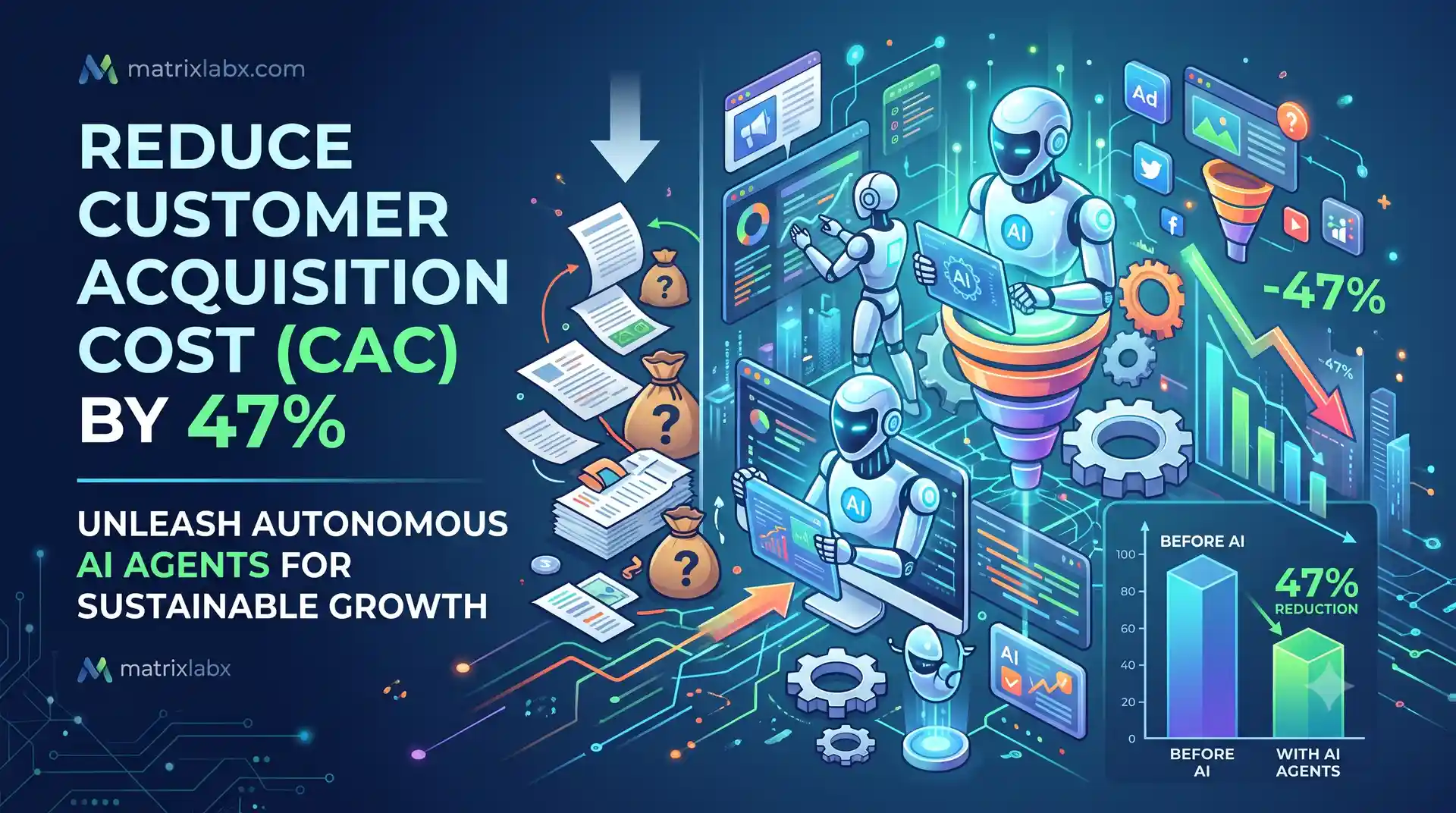 Dashboard visualization of customer acquisition cost falling as autonomous AI agents source, qualify, route, and nurture demand.