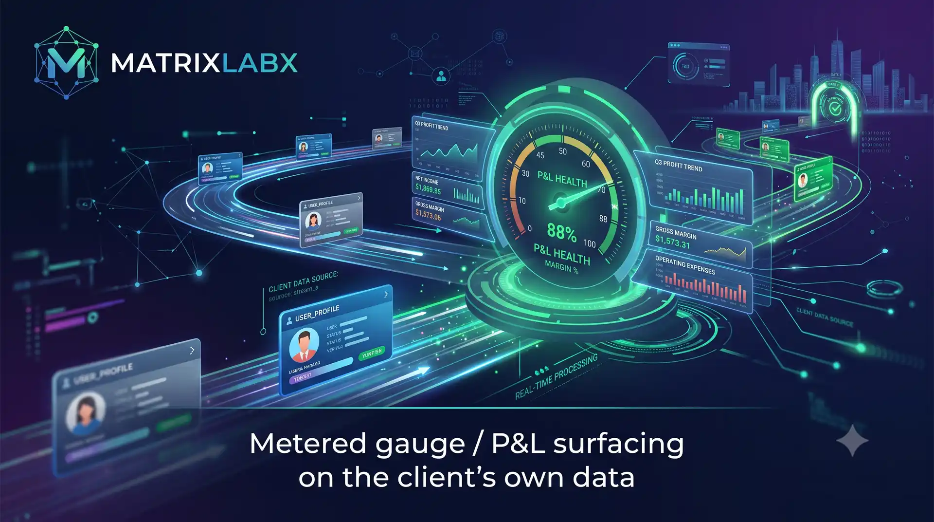 A metered gauge and P&L projection surfacing on the client's own data — diligence before spend.