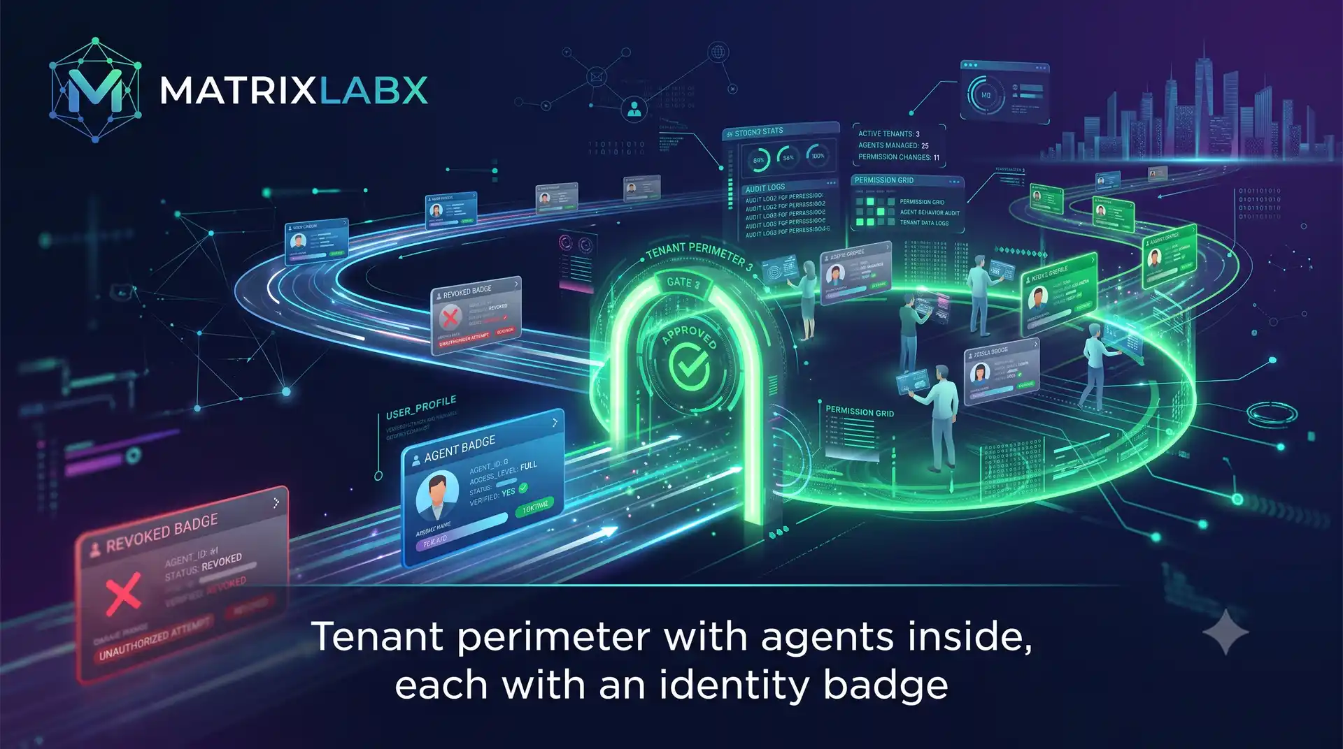 A tenant perimeter with agents operating inside it, each tagged with its own identity badge.