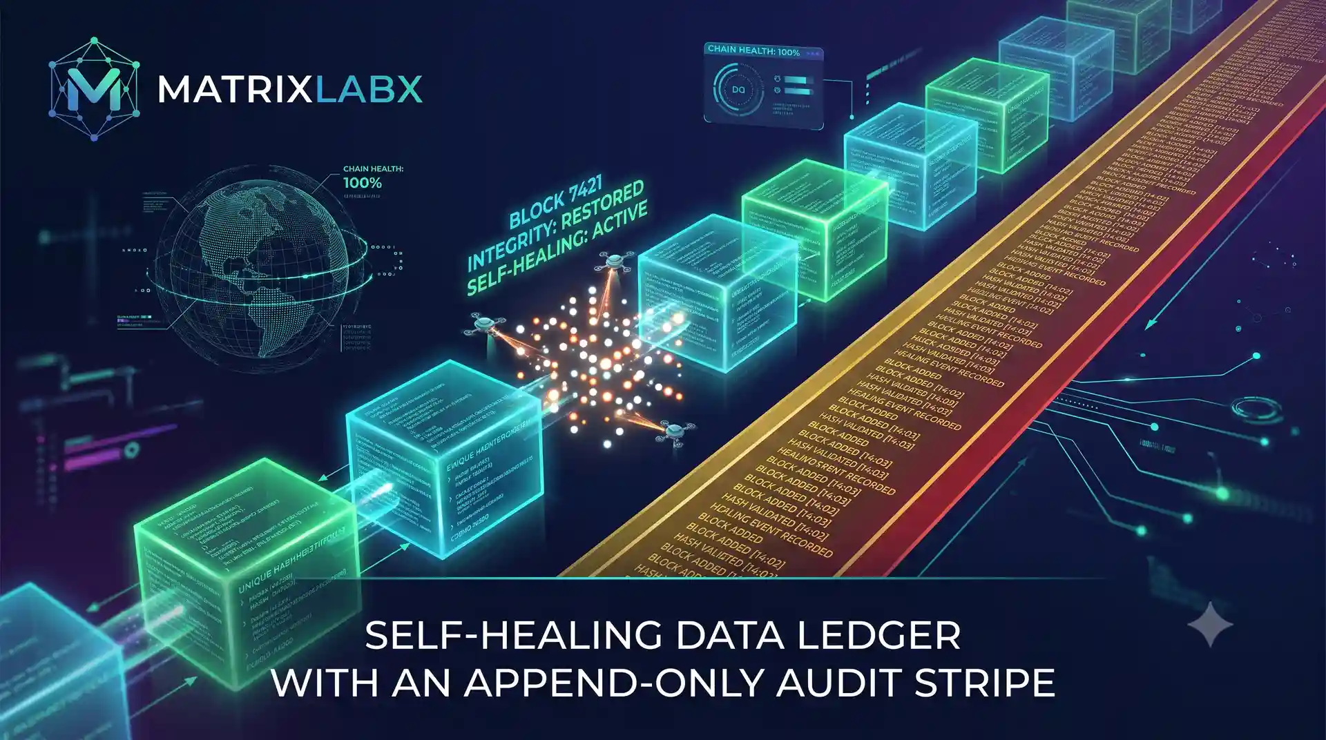 A self-healing data ledger with an append-only audit stripe correcting rows in place.
