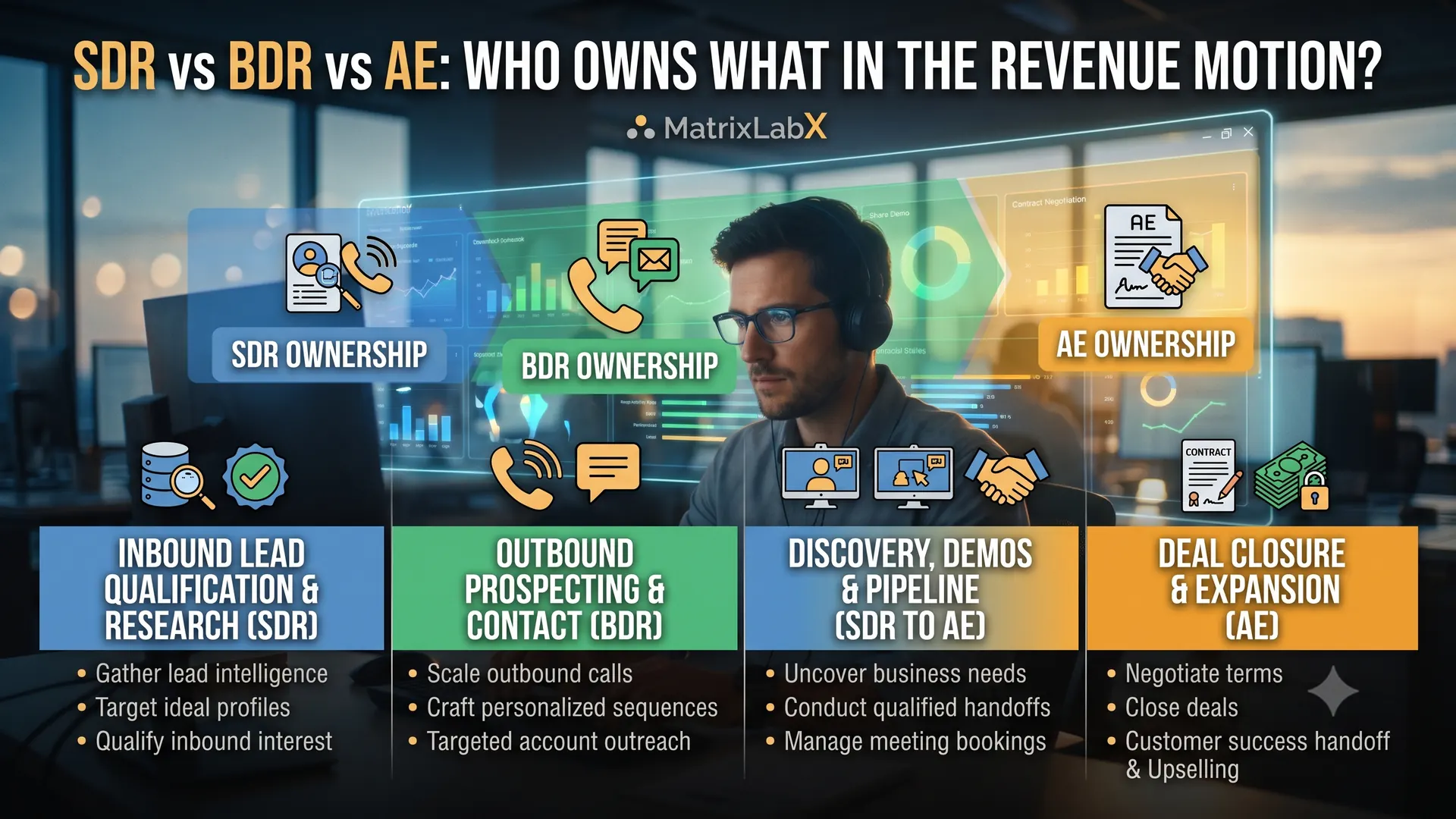 Three-column comparison of sales development representative, business development representative, and account executive roles, with the two handoff points between them marked as leak points.