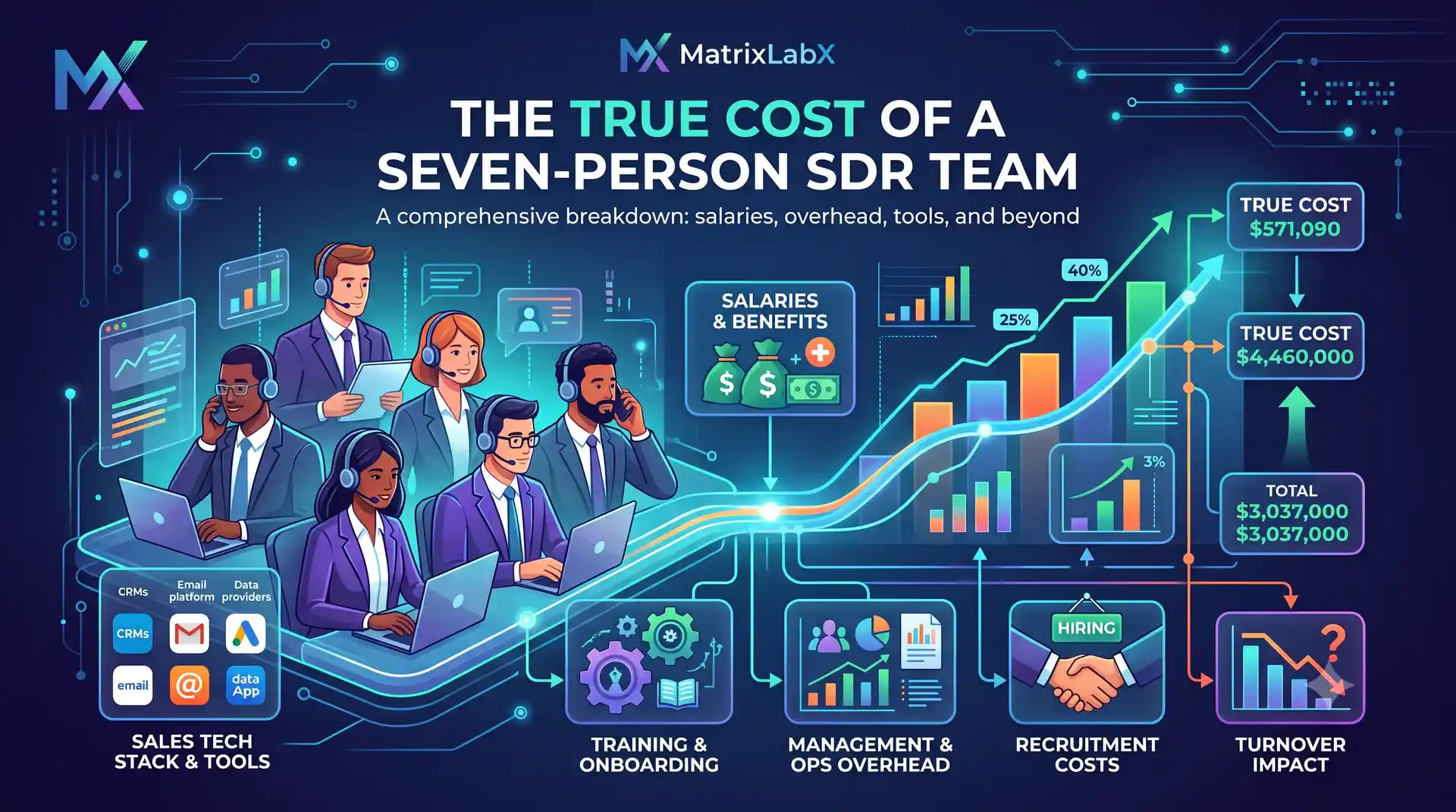 The true cost of a seven-person SDR team — fully loaded cost model showing the gap between base salaries and the real annual run rate.