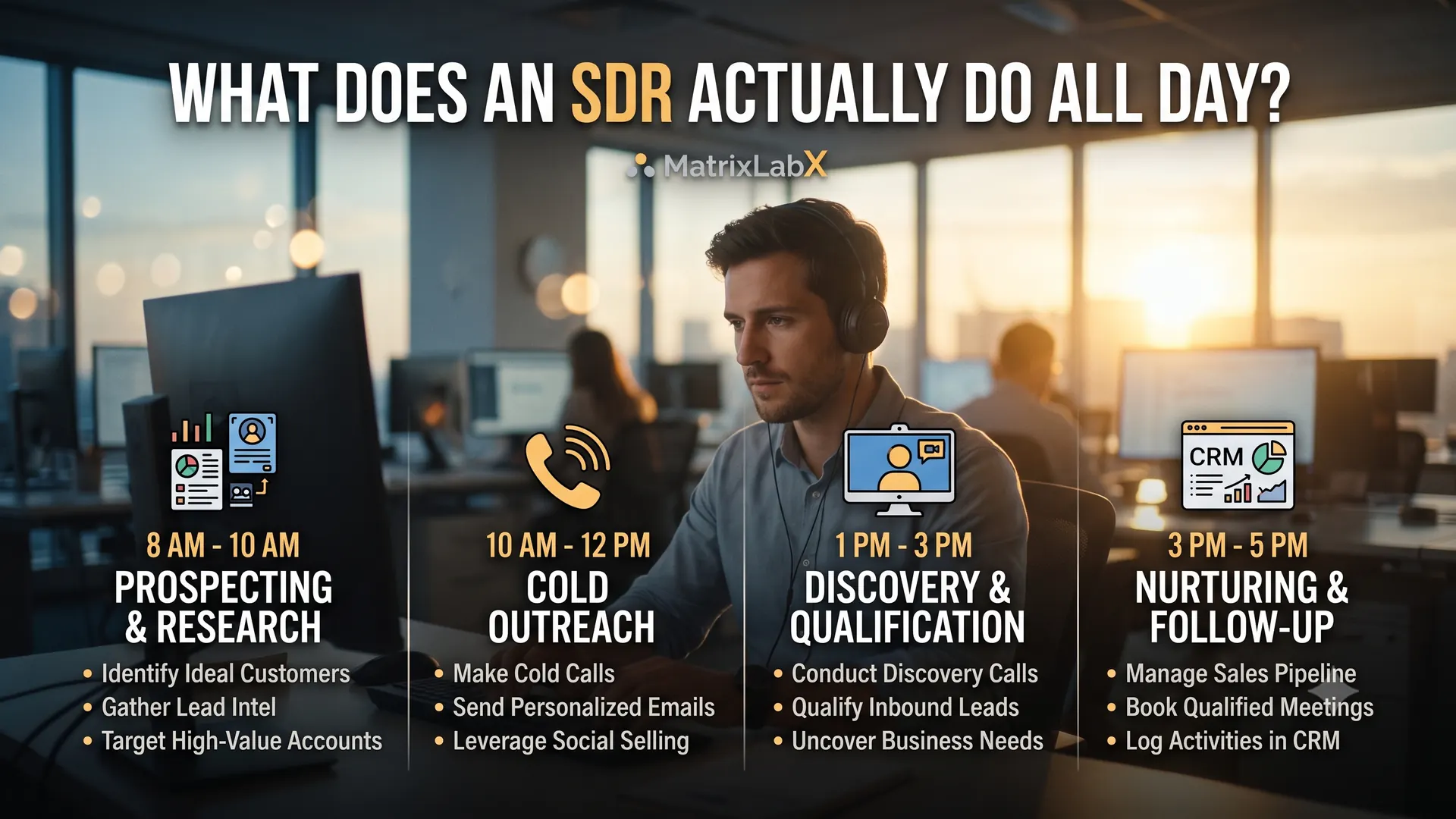 The five repeating activities of a sales development representative — sourcing, research, outreach, qualification, and administration — with the qualification step marked as requiring human judgment.