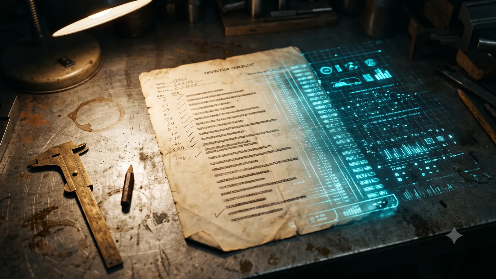 A worn industrial waste audit checklist on a workbench, its rows resolving into a modern revenue operations dashboard