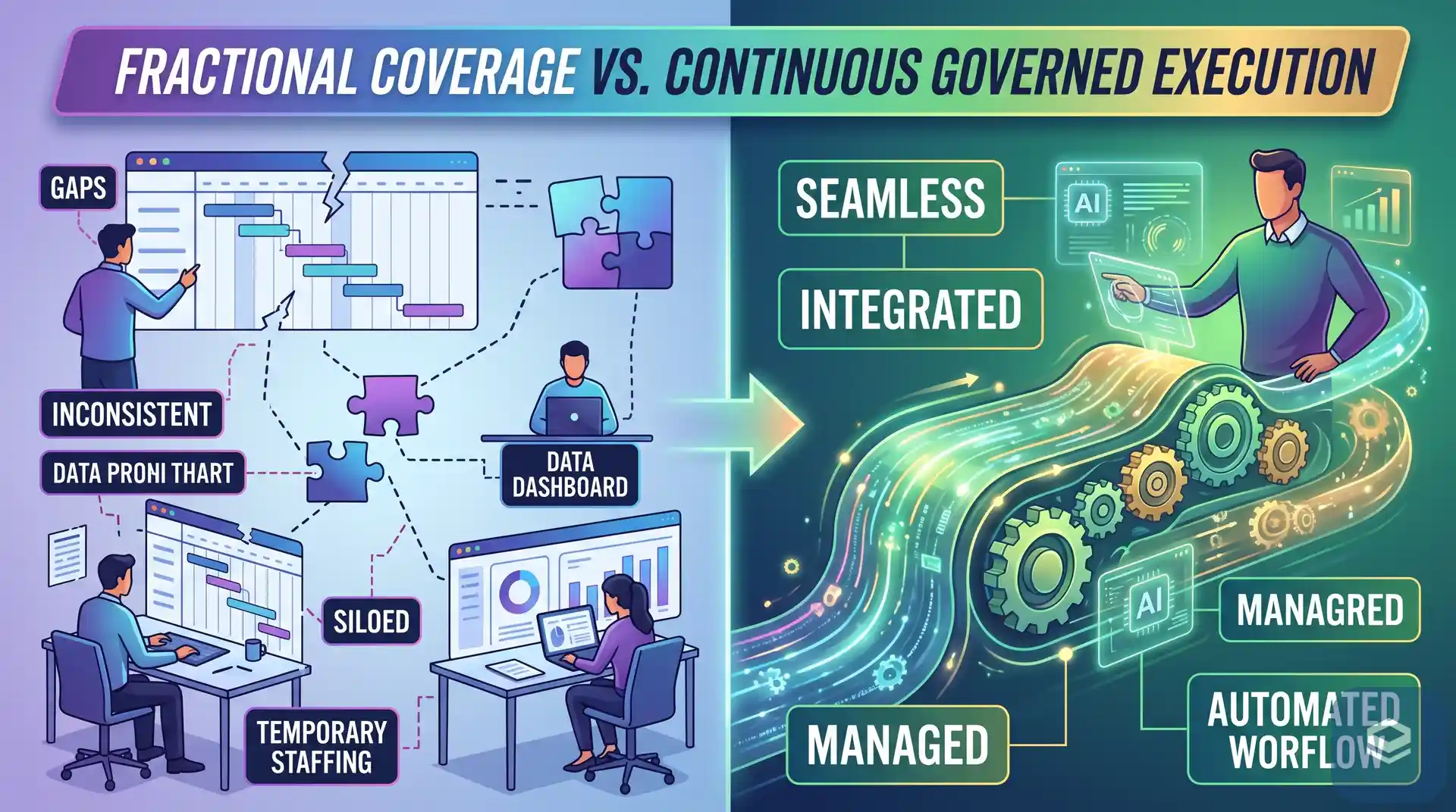 Two coverage models side by side: a fractional retainer shown as scheduled blocks of availability with uncovered intervals between them, and governed digital labor shown as continuous execution with a human approval gate before consequential actions dispatch.