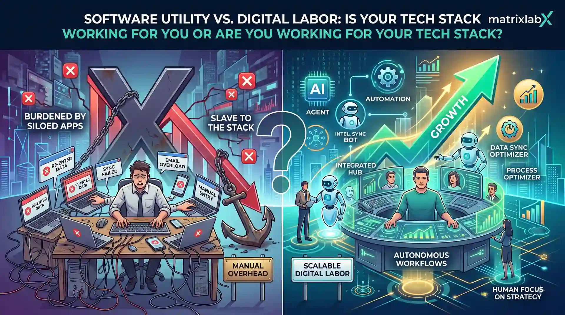 Split illustration contrasting one person overwhelmed by siloed apps and manual data re-entry against an integrated agent workforce running autonomous workflows