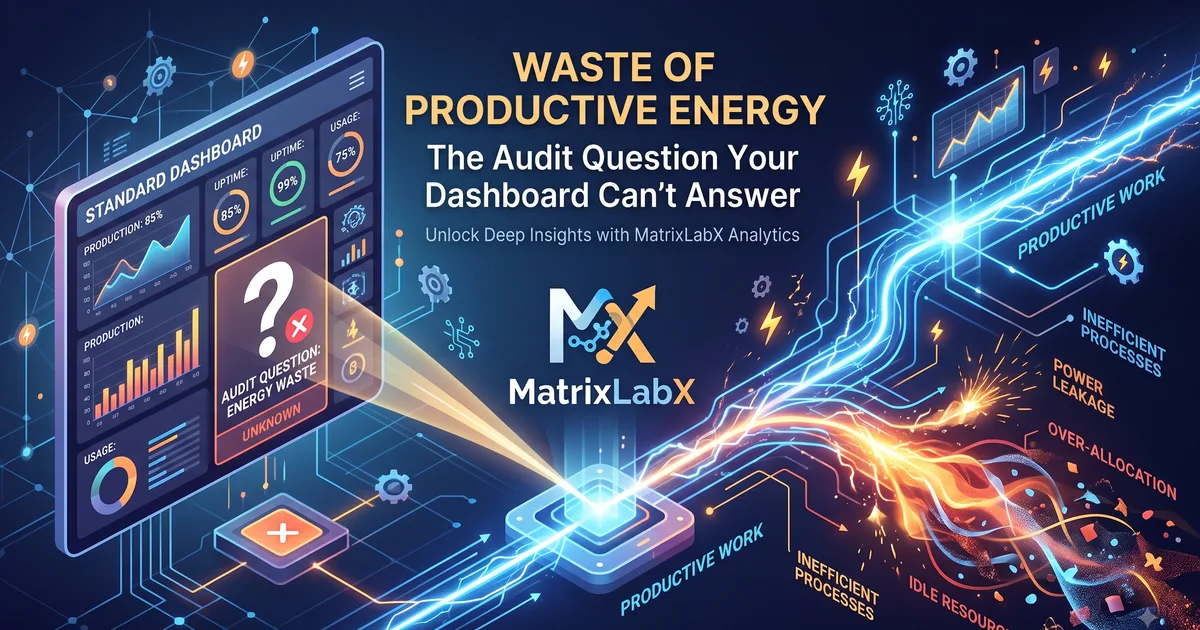 Waste of Productive Energy — a standard operations dashboard on the left unable to answer an energy-waste audit question, while a stream of work on the right splits into productive work and into inefficient processes, power leakage, over-allocation, and idle resources.