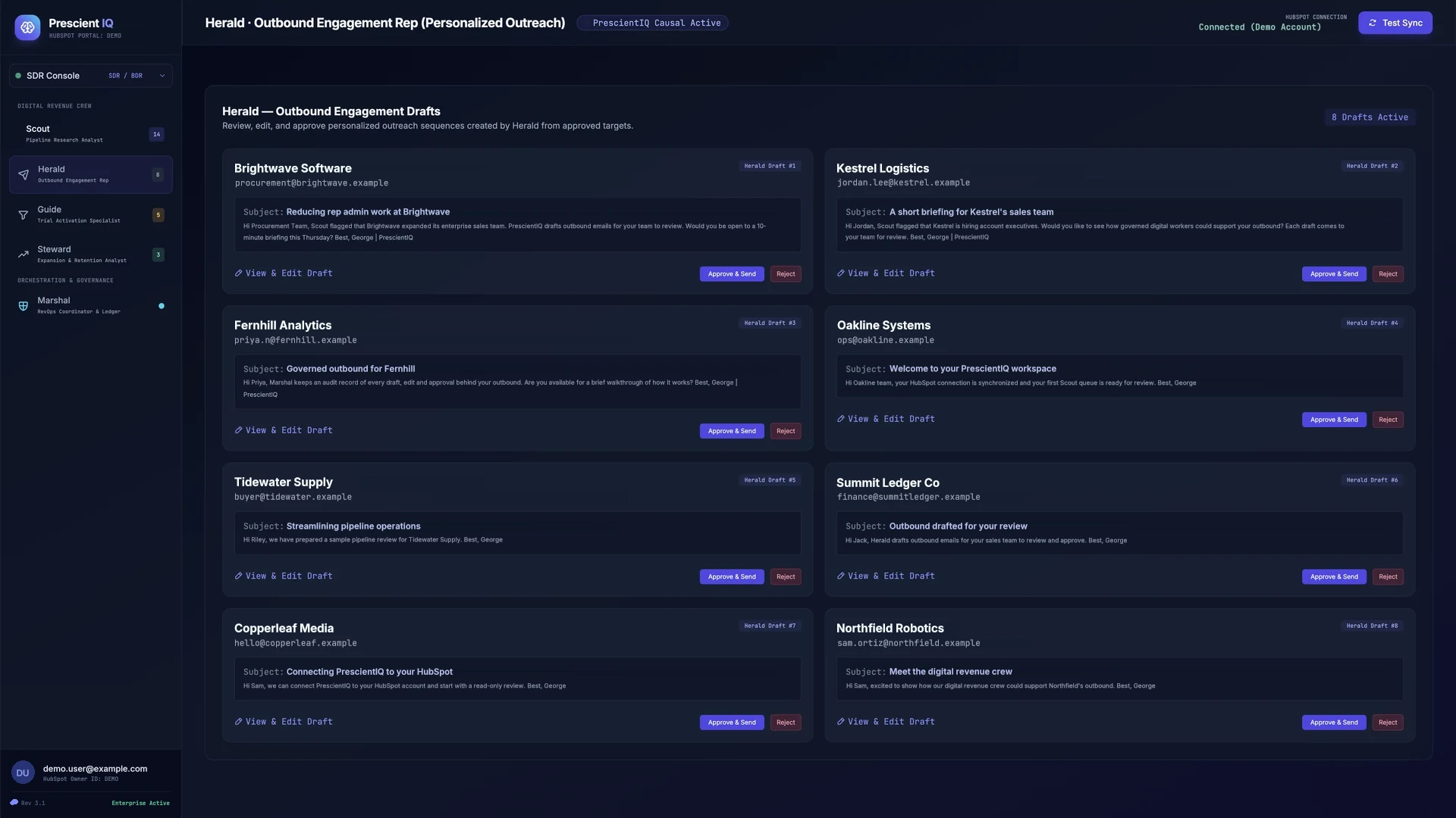 PrescientIQ console, Herald drafts: eight sample outbound email drafts, each showing the recipient, a subject and body, and View and Edit Draft, Approve and Send, and Reject buttons.