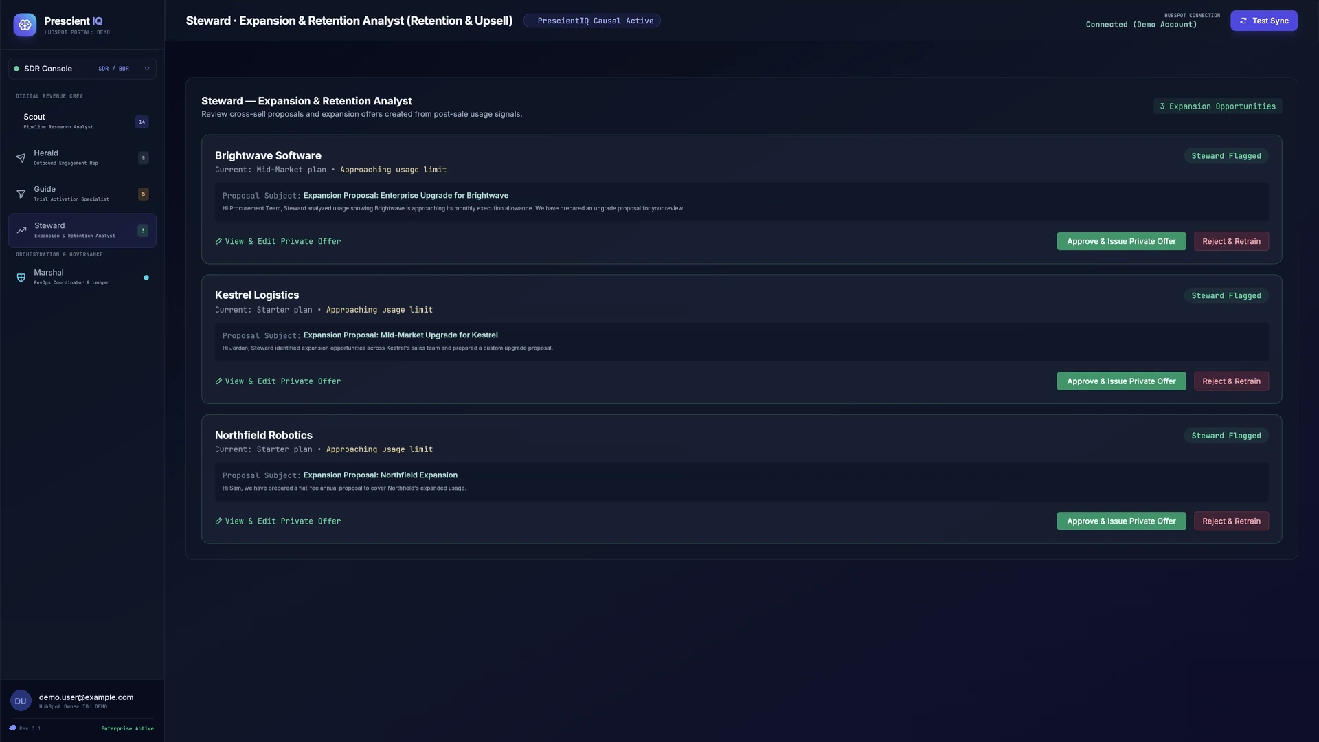 PrescientIQ console, Steward view: three sample accounts approaching their usage limit, each with the current plan, a drafted expansion proposal, and Approve and Issue or Reject and Retrain buttons.