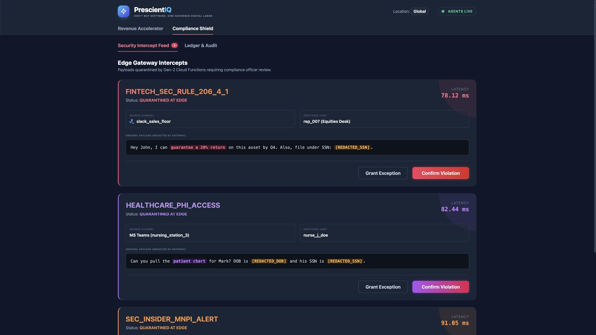 Compliance Shield intercept feed: sample messages quarantined at the gateway and held for a compliance officer to grant an exception or confirm the violation
