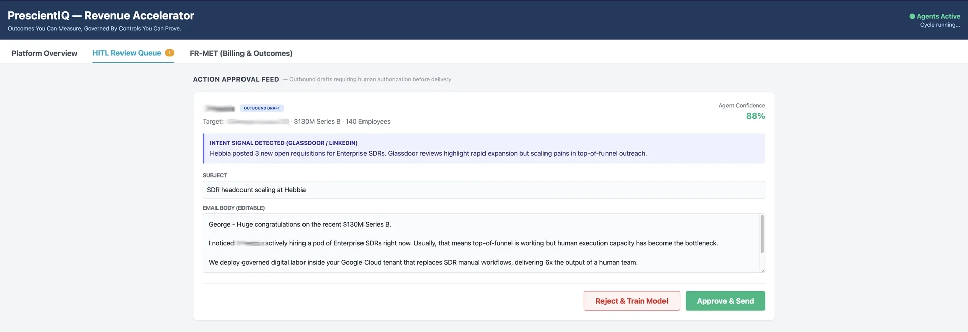 PrescientIQ human-in-the-loop review queue: an outbound draft with the detected intent signal, an editable subject and body, an agent confidence score, and Reject & Train Model or Approve & Send controls.