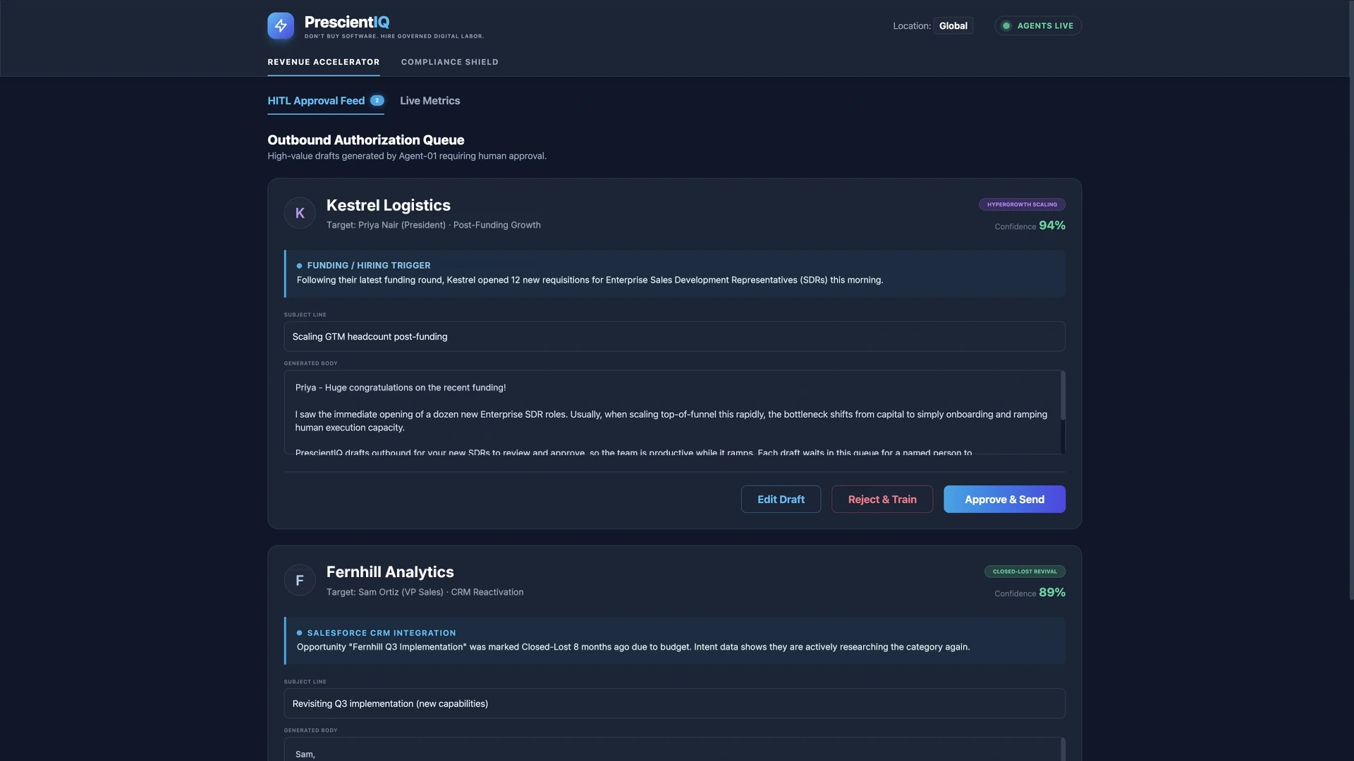 PrescientIQ Revenue Accelerator approval feed showing a draft triggered by a hiring signal and a second draft triggered by a Salesforce closed-lost opportunity showing renewed intent, each held for review.